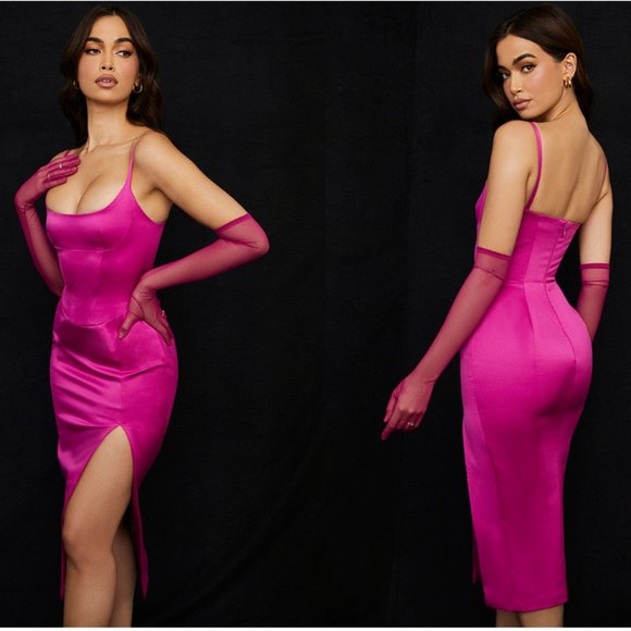 House or CB ‘Casimira’ Pink Satin Corset Midi Dress NWOT - Picture 9 of 16